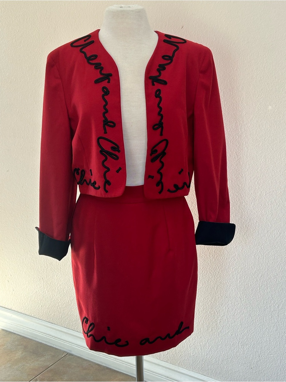 Vintage Moschino Red Two-Piece Skirt Suit with Black Cheap and Chic Script Trim